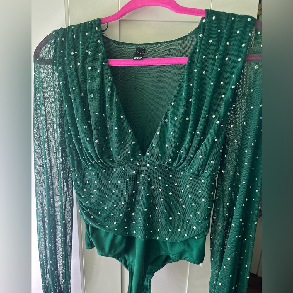 Women’s Emerald Green Rhinestone Mesh Bodysuit